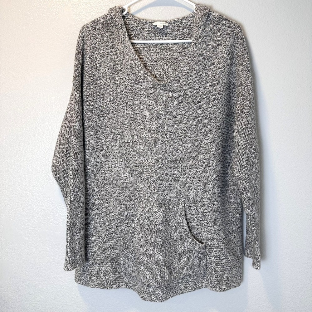 J JIll Pure Jill Size-L Womens Sweater Hooded Cable Knit Gray Coastal